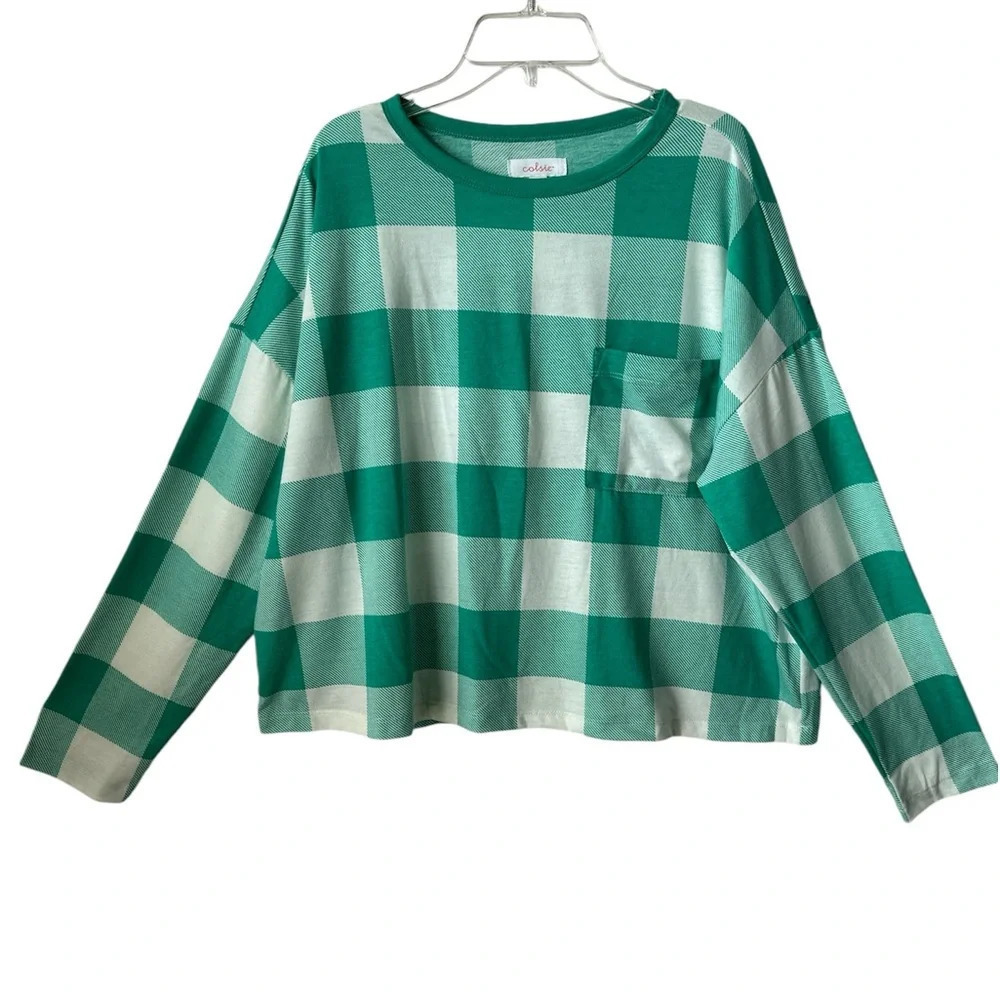 COLSIE Checkered Pull Over White & Green Long Sleeves Large Top BNWOT